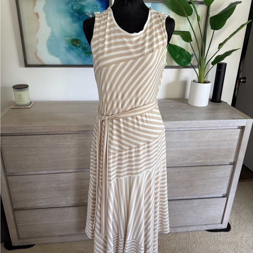 Tan and White High Low Sundress Sleeveless Scoop Neck